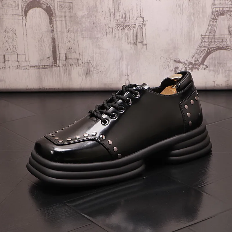 

British Luxury Mens Black Dress Shoes Younger Lace Up Height Increasing Rivets Charm Platform Male Flats For Party Zapatos ERRFC