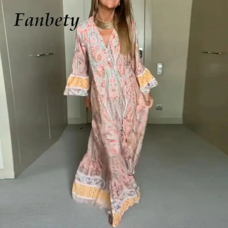 

2023 Fashion Print Flare Sleeve Tassel Dress Women Sexy V-Neck Boho Dress Spring Summer New Retro French Palace Style Maxi Dress