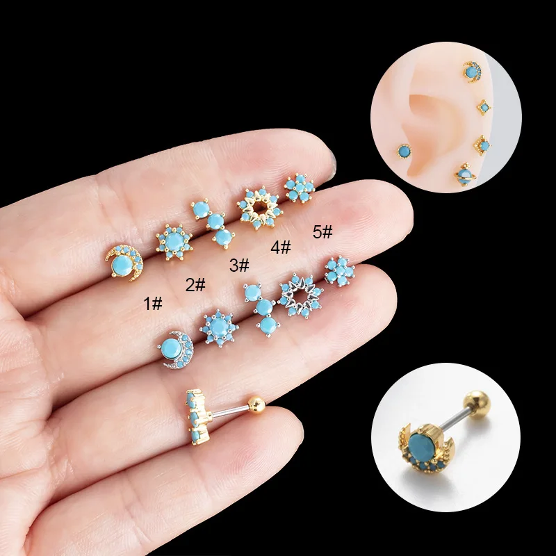 

1PC 20G Surgical Steel Helix Tragus Cartilage Earrings Moon Tiny Flower Turquoise Stone Stud Earring for Women Piercing Jewelry