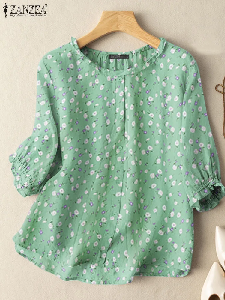 

ZANZEA Summer 3/4 Sleeve Floral Blouse Women Eleggant Ruffles Bohemian Printed Shirt Vintage Holiday Tops Beach Blusas Chemise