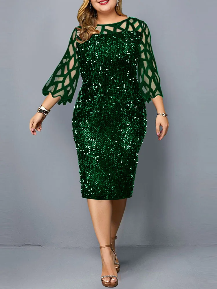 Party Dress Plus Size Ladies Midi Sequin Mesh Long Sleeve Lace Elegant Bodycon XL-4XL 5XL Evening Dresses For Women Summer 2022