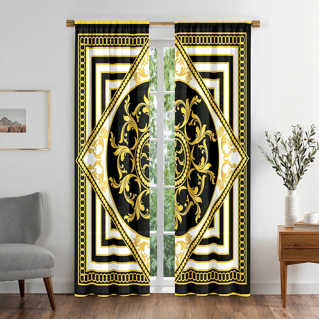 

New Black Gold Blue Luxury Brand Logo Printed Thin Curtain for Bedroom Living Room Hotel Window 2 Panel 65% Shading
