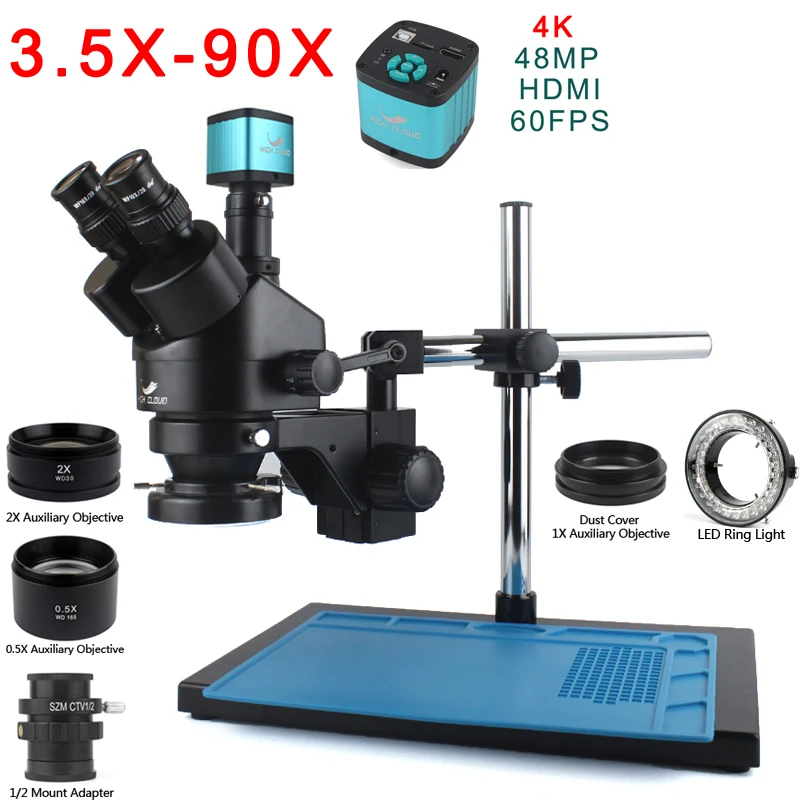 

7X-45X 3.5X-90X Trinocular Stereo Zoom Big Table Stand Microscope WF20X 0.5X 2.0X Auxiliary Objective Lens 2K 4K HDMI USB Camera