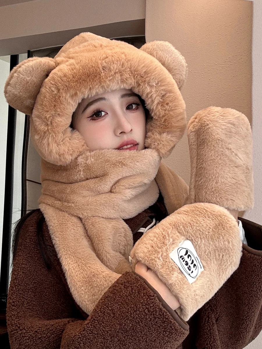Cute Bear Hat Women's Autumn and Winter Warm Scarf Gloves Integrated Hood Plush All-Match Three-Piece Suit Fashion