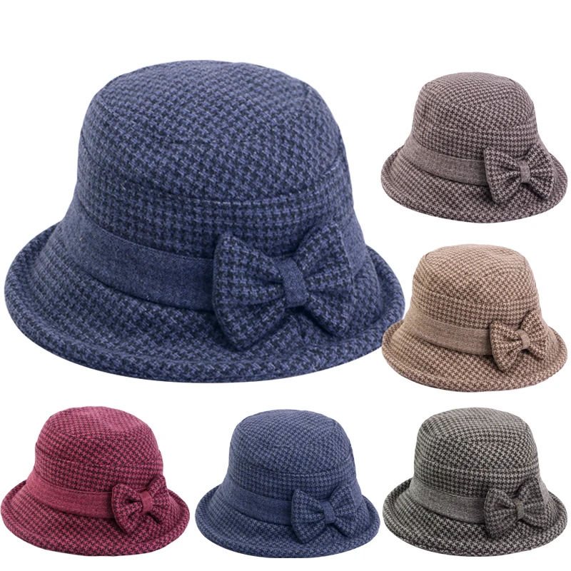 Новая женская осенне-зимняя панама с бантом утолщенная шерстяная клетчатая