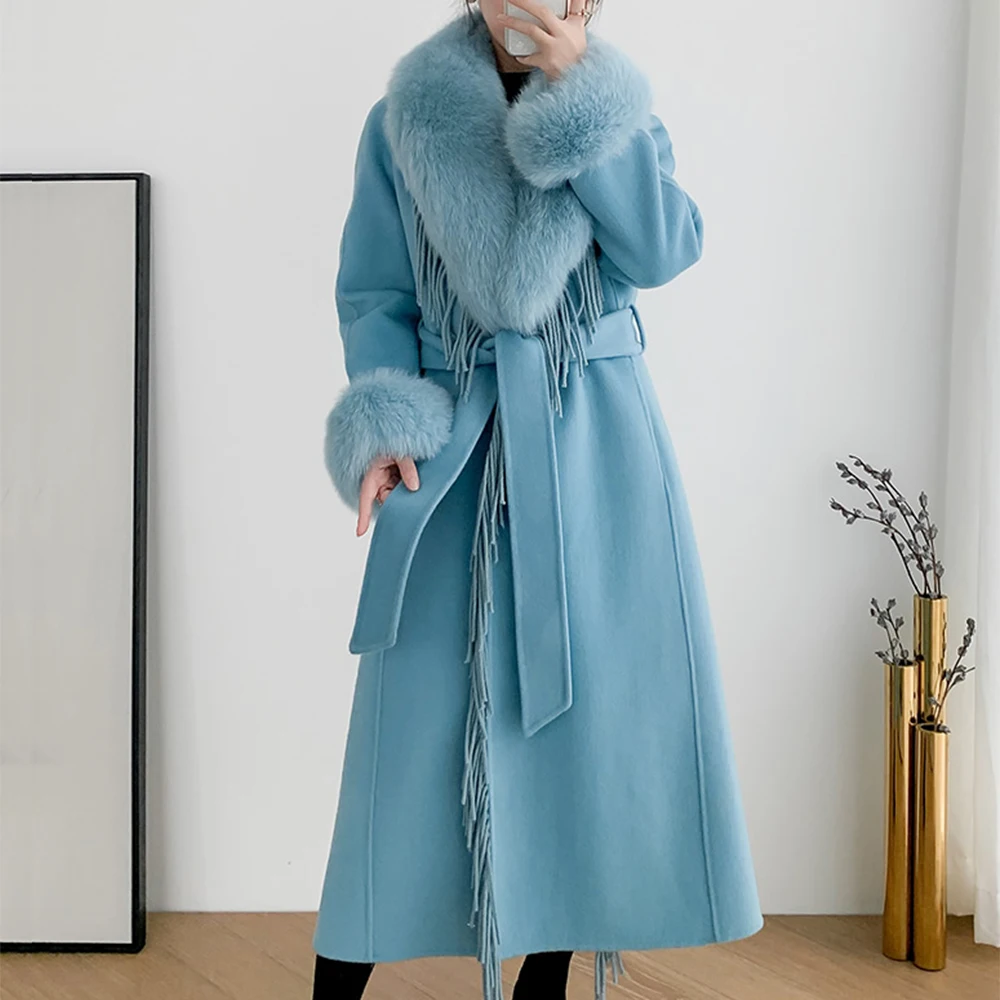 New Winter Women Cashmere Wool Jacket Real Fur Coat X-long Tassel Female Clothing Office Lady Overcoat Big Fox Fur Collar Belt