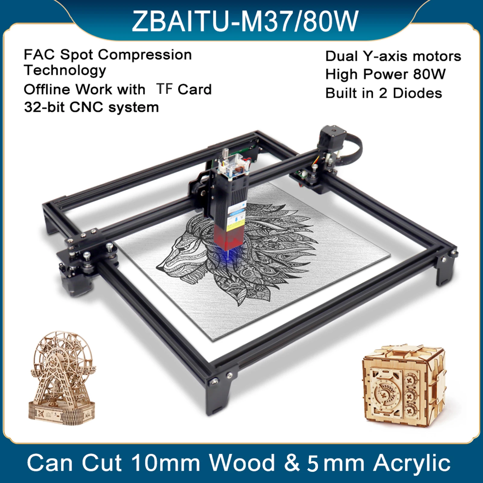 

ZBAITU Laser Engraver FAC Spot 10W 0.08mm Fixed-focus Desktop DIY Engraving Cutting Machine 37x37cm Carving Area Eye Protection