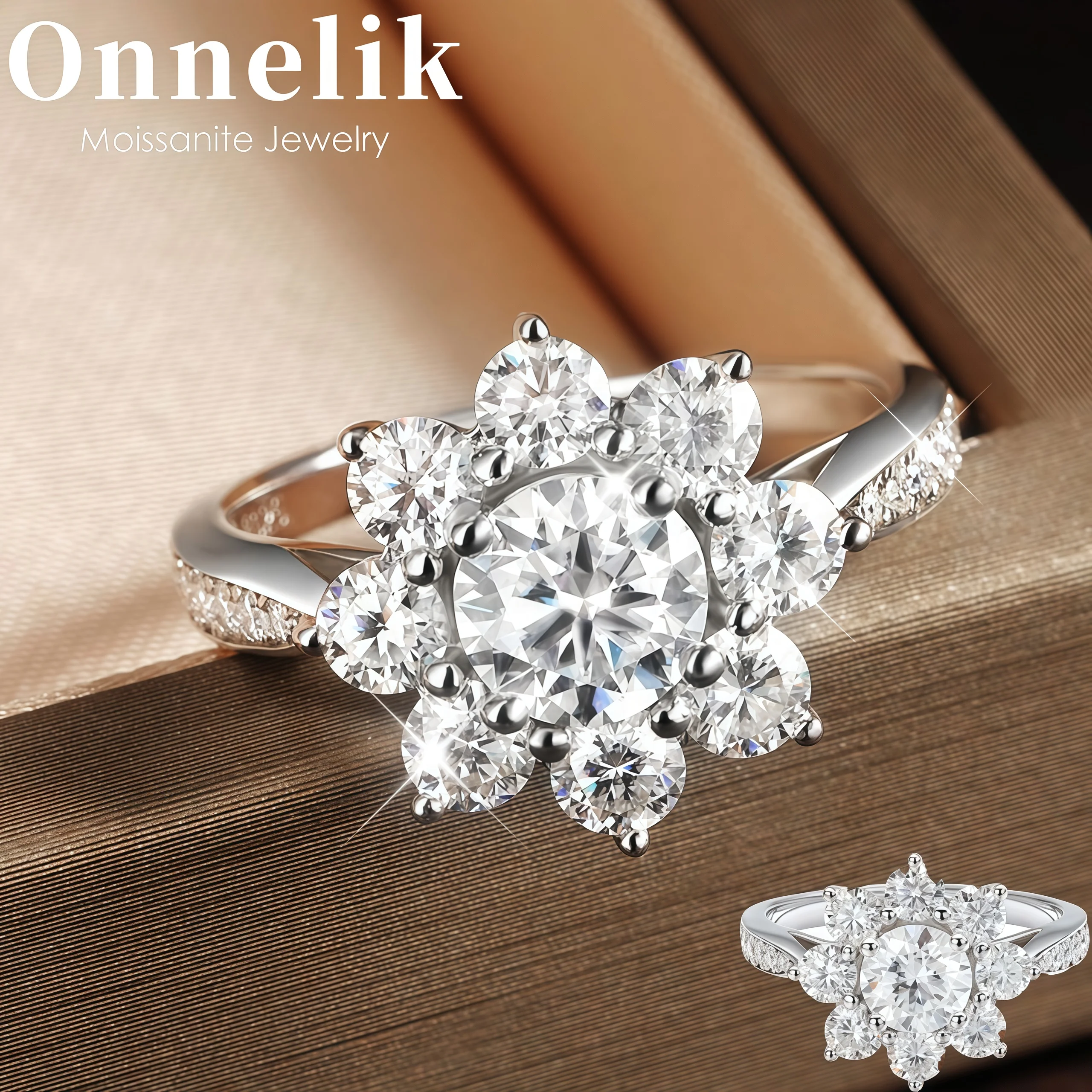 Фото Кольца Onnelik 6MM D Color Sunflower Full Moissanite, 2.126cttw, из стерлингового серебра S925, свадебные и обручальные ювелирные изделия для женщин №1
