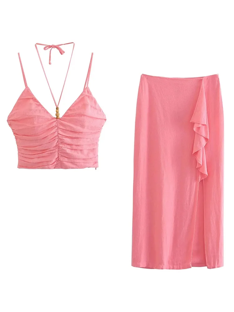 

TRAF 2023 summer new women's fashion suit French temperament sexy slim backless strapless straps and layered skirt