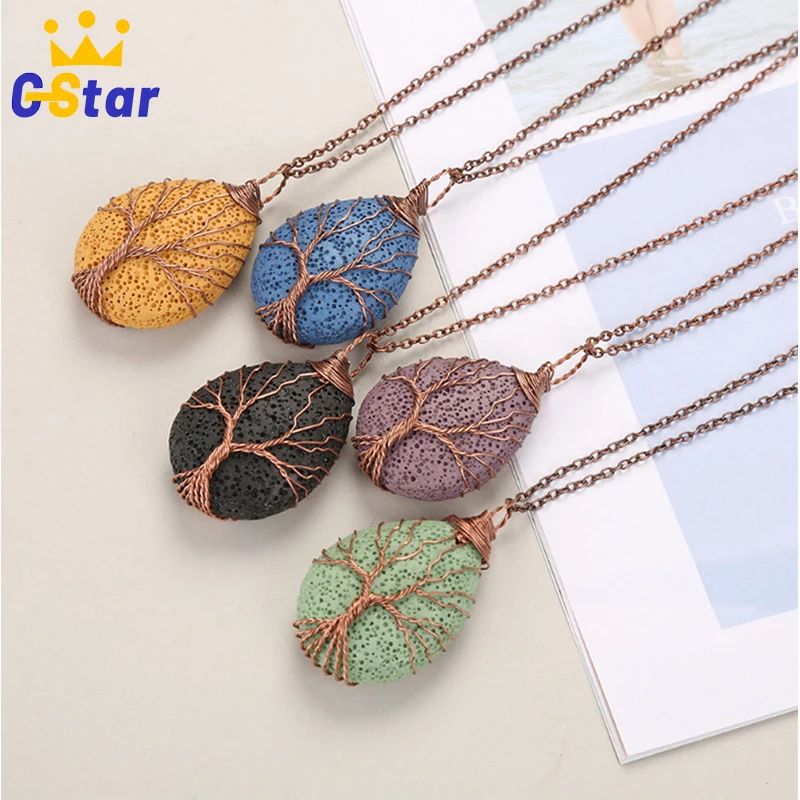 

Lava Rock Stone Healing Necklace Tree of Life Wire Wrapped Teardrop Natural Reiki Quartz Gemstone Pendant Necklaces Jewelry