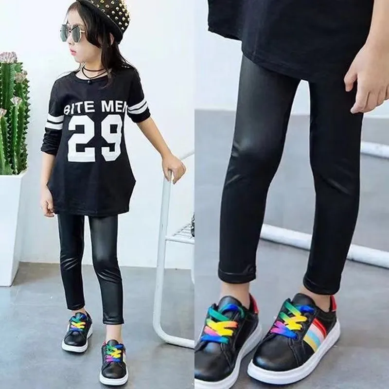 

Spring Faux Leather PU Leggings for Kids Girls Slim Pencil Pants Elastic Waist Trouser Children