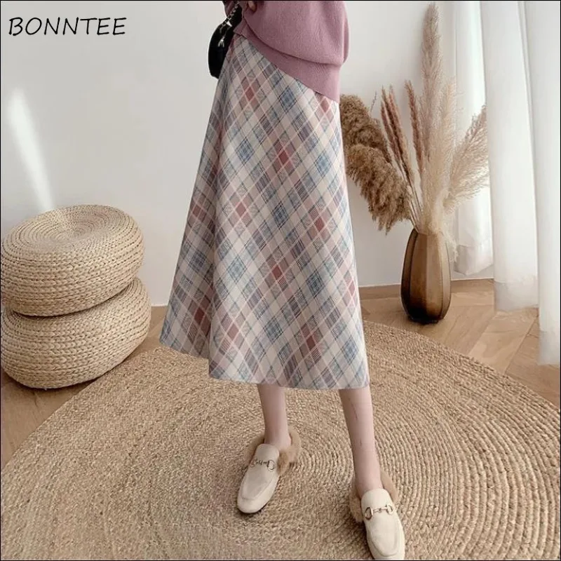 

Midi Skirts Women Plaid Autumn A-line Casual Korean Style Elegant High Waist Loose All-match Streetwear Ladies OL Slender Retro