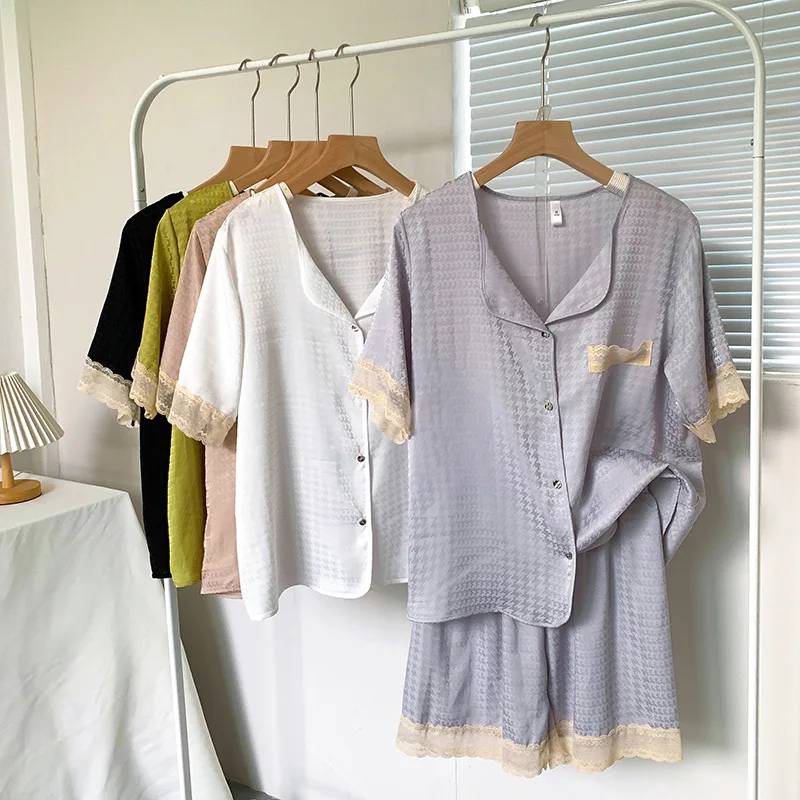 Summer Houndstooth Ice Silk Smooth Breathable Cardigan Short Sleeve Shorts Pajama Sets, Casual Loungewear,Home Clothes Sleepwear