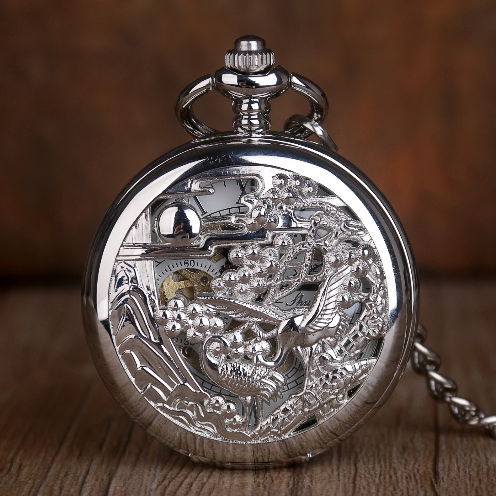 Double Open Crane Engraving Vintage Mechanical Pocket Watch Roman Numerals with Chain Pendant Men's Women's Gift
