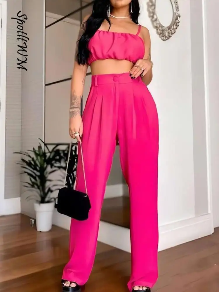 

2023 Summer Women Elegant Solid Suspenders Wide Leg Pants Suit Sexy Sleeveless Pleated 2 Piece Sets Chic Party Club Ladies Suits