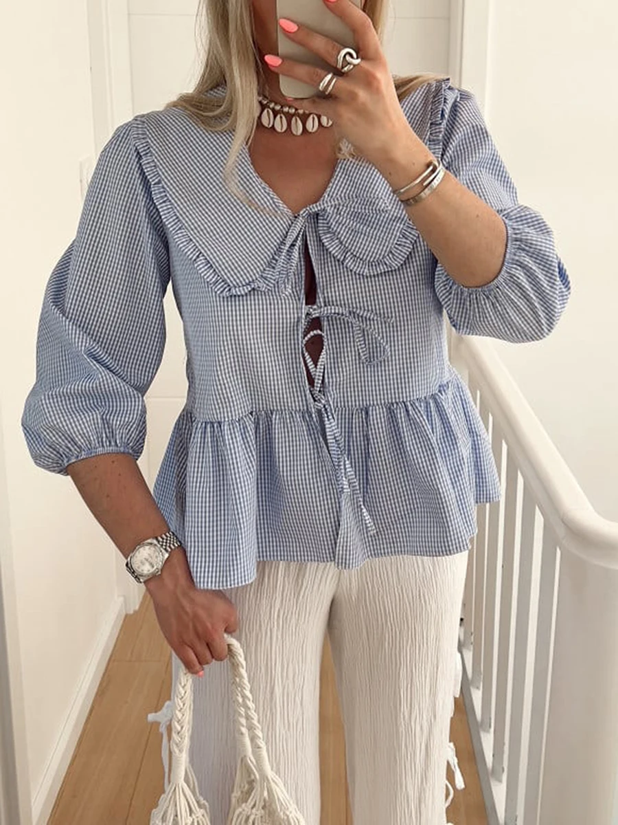 Новая модная женская блузка элегантные клетчатые Топы с коротким рукавом и