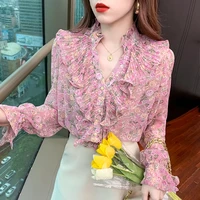 long sleeve chiffon shirt women 2022 spring thin top female clothing elegant ruffled floral buttons blouse plus size 2xl