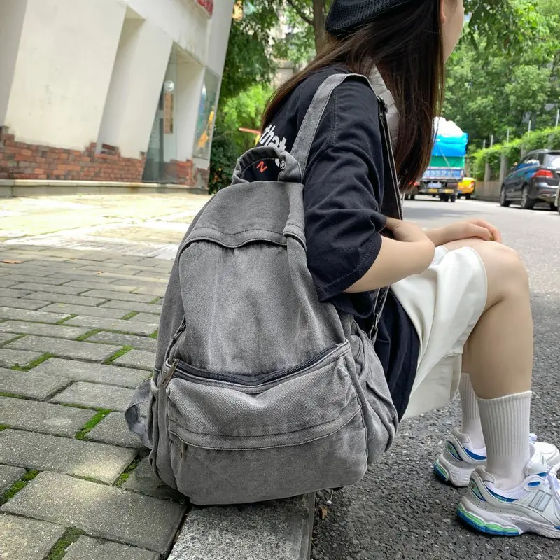 

New Gray Denim Backpack Women's Leisure Travel Outing Shoulder Bag Female Fashion Schoolbags Suitable For Boys And Girls Mochila