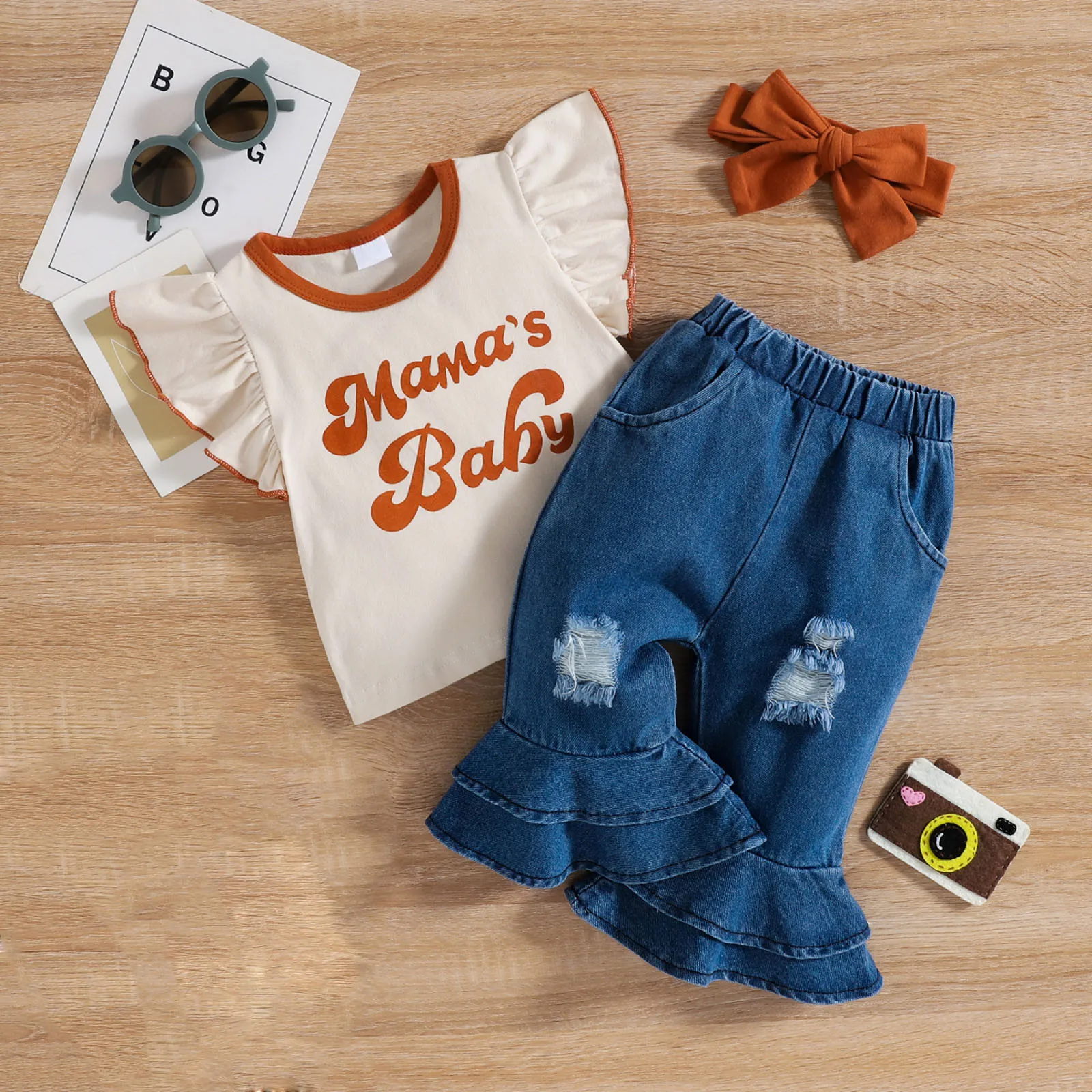 

Одежда для маленьких девочек, милые ковбойские расклешенные брюки с буквенным принтом и оборками, с коротким рукавом, костюм летней модели