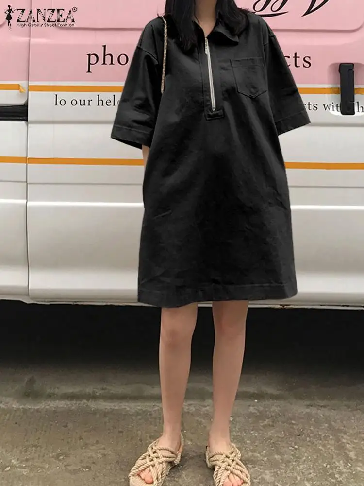 

2022 Summer Lapel Shirt Dresses Lady Zipper Up Street Knee Vestidos Women Oversized H Line Robe ZANZEA Casual Retro Solid Dress