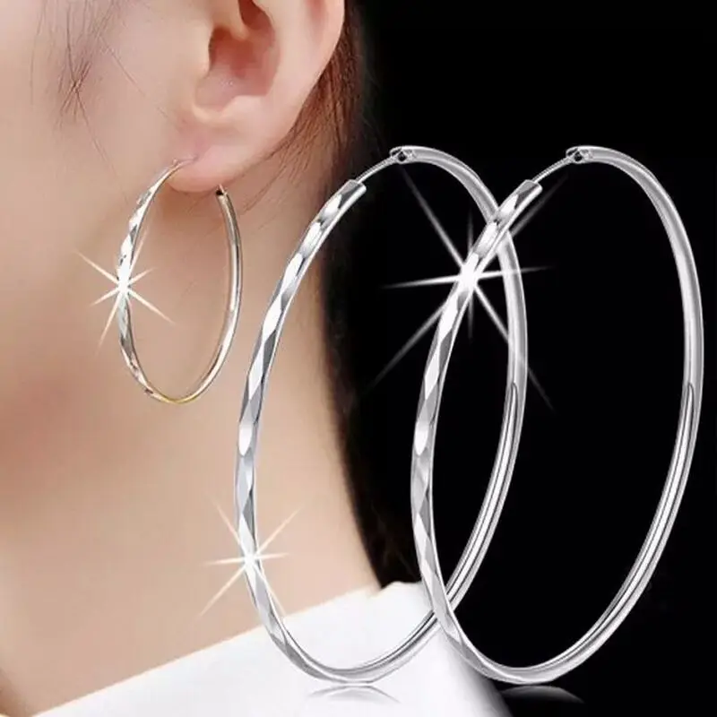 

BATYYINY Fine 925 Silver Luxury 5CM Big Circle Hoop Earrings For Women Charms Original Designer Party Wedding Jewelry Gifts