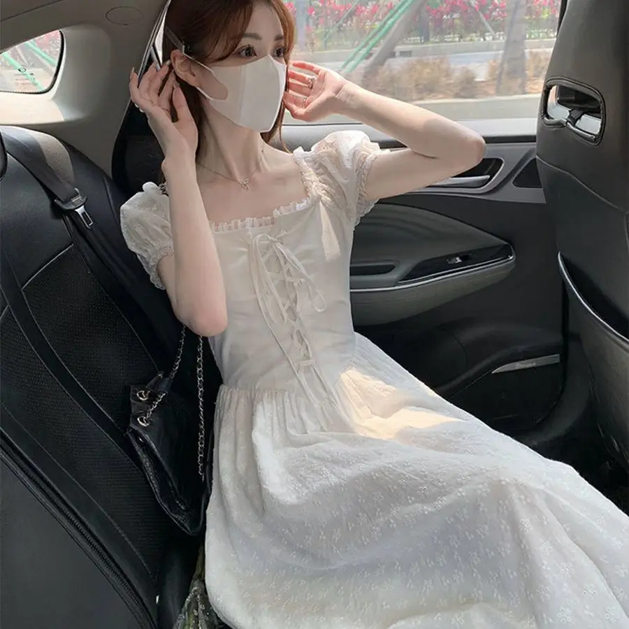 

Женское кружевное платье с рукавами-фонариками, белое платье принцессы с квадратным вырезом, лето 2023