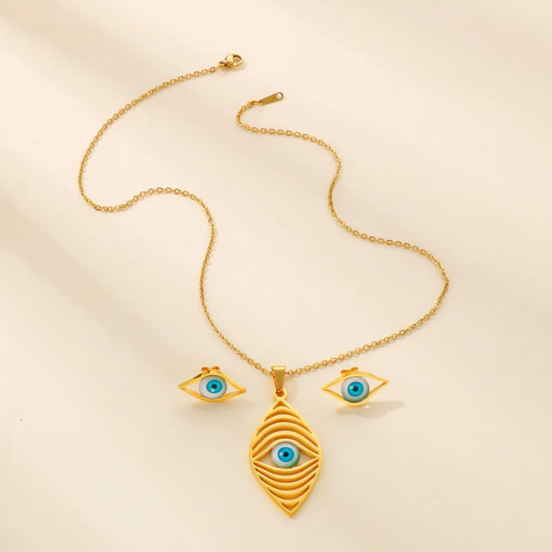 CARLIDANA 2pcs/Set Bohemia 18 K Stainless Steel Opal Pendant Necklace/Earrings for Women Turkish Blue Evil Eye Charm Jewelry