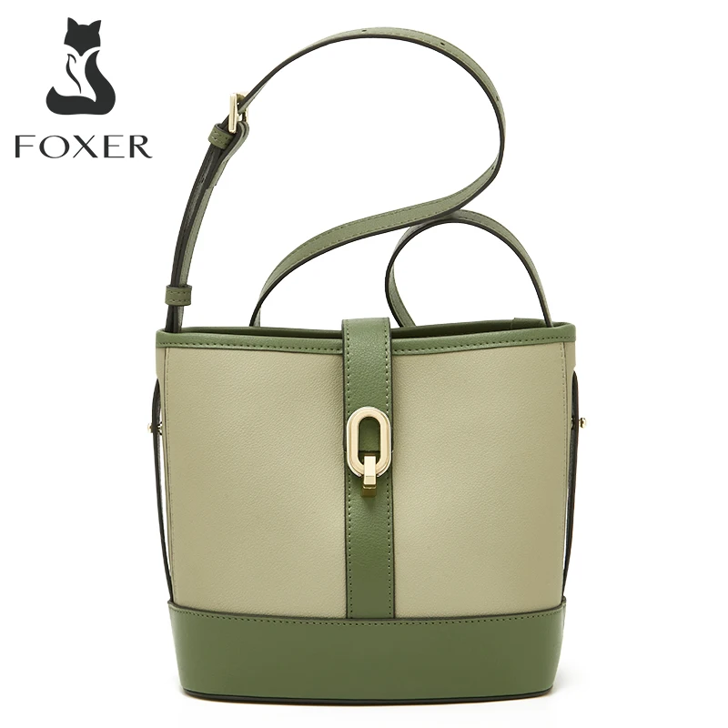 FOXER High Quality Split Leather Women Shoulder Crossbody Ladies Retro Commuter Bucket Composite Bag Fashion Small Messenger Bag