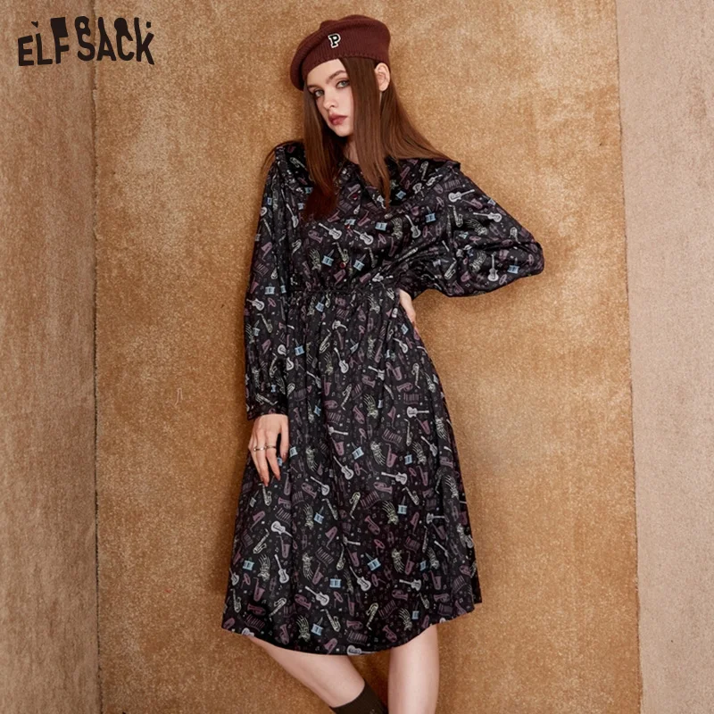 ELFSACK Peter pan Collar Vintage Corduroy Dress Women 2022 Autumn/Winter Long Sleeve Elegant Dresses