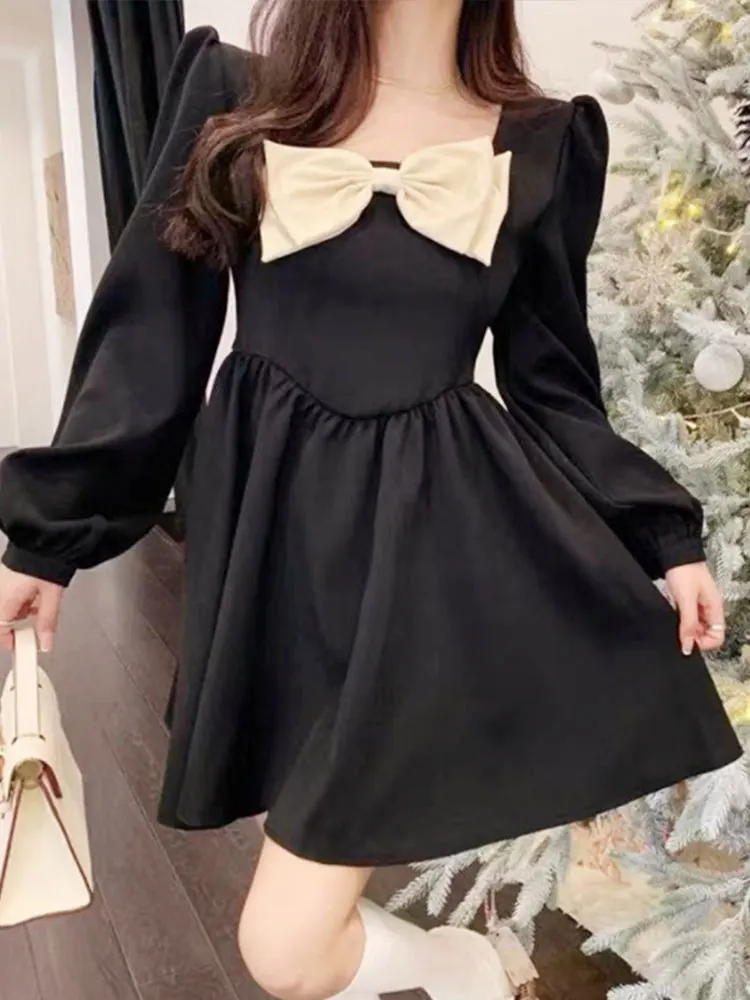 

Summer Dresses for Women Bow-Knot Design Mini Dress Women's French Long Sleeves Female Clothing Retro Party Robes Sweet Sundress