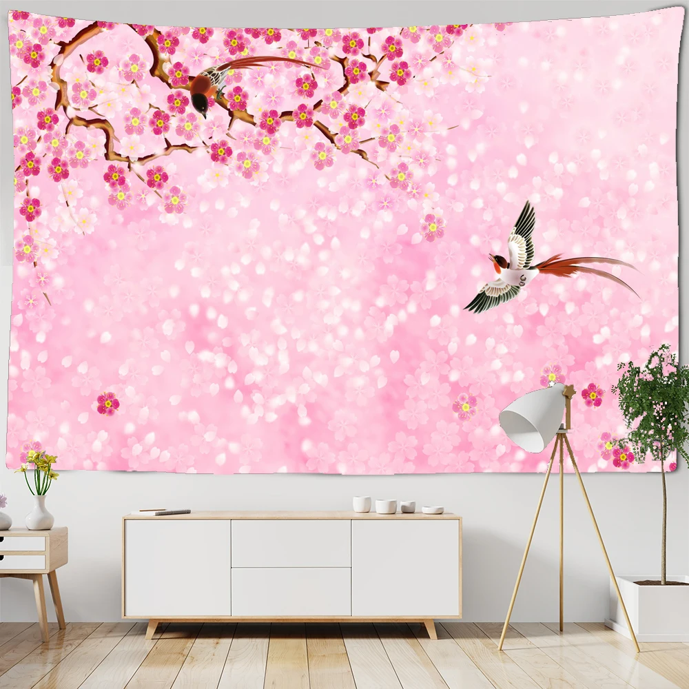 

Pink Flowers Style Wall Tapestry Butterflies Pattern Home Decoration Tapestry Bedroom Illustration Wall Cloth Beach Towel