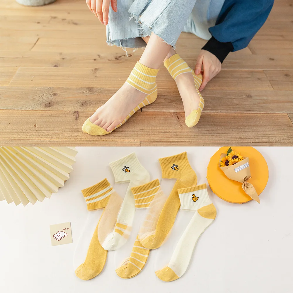 

5Pairs/Lot Summer Women Yellow Banana Fruits Lady Silk Socks Ankle Lace Ultra-thin Girls Transparent Glass Fiber Fashion Cute