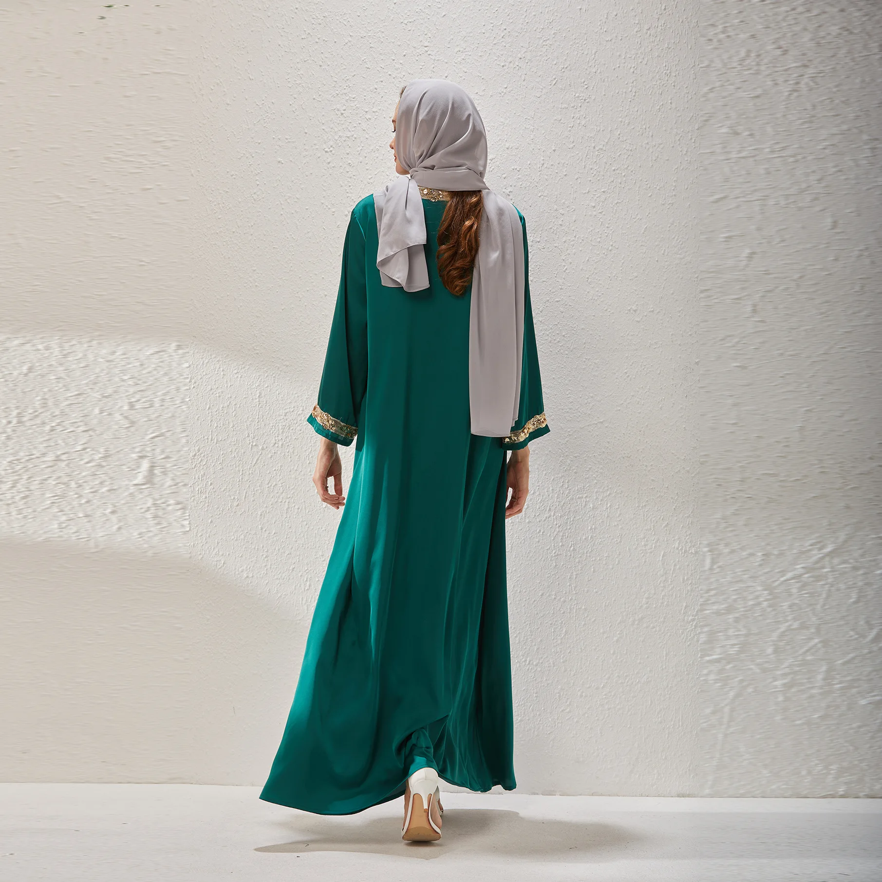 Robe Femme Musulmane 2022 Muslim Arab Sequins Long Sleeve V-neck Casual Loose Elegant Female Abayas For Women