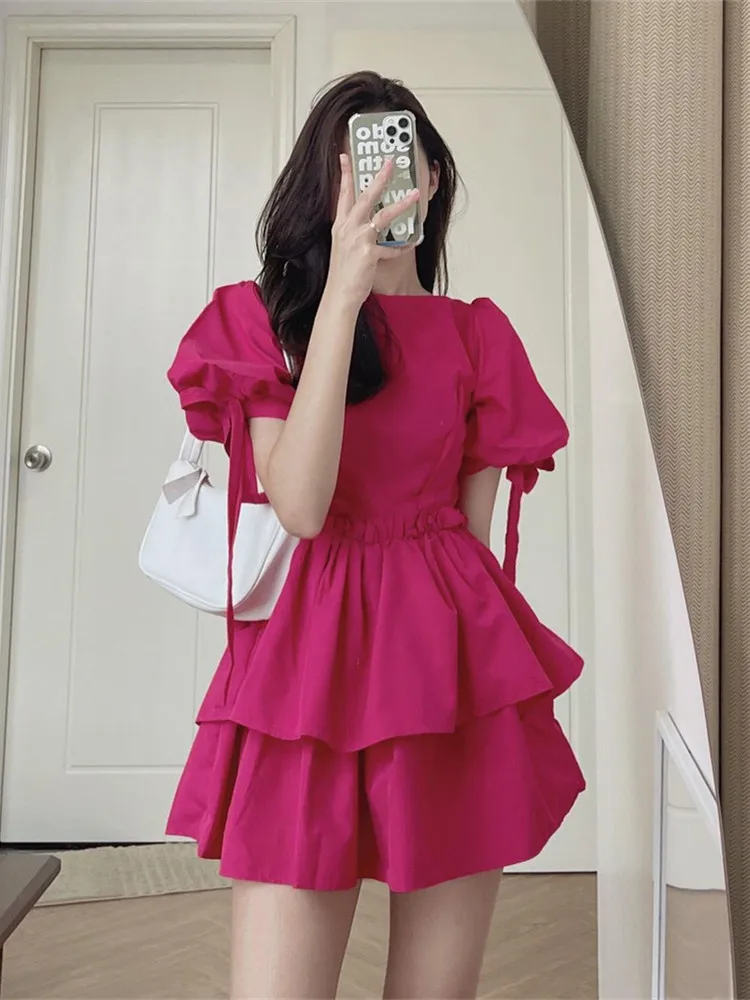 

Женское мини-платье с оборками, повседневное однотонное короткое платье в Корейском стиле с короткими рукавами-фонариками, круглым вырезом...