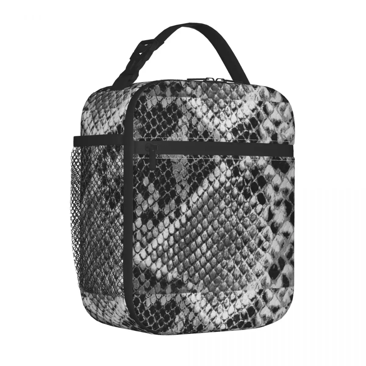 

Black And Gray Snakeskin Lunch Bag Classic Animal Skin Print Beautiful Mesh Pocket Cooler Bag Carry Camping Meal Thermal Bag