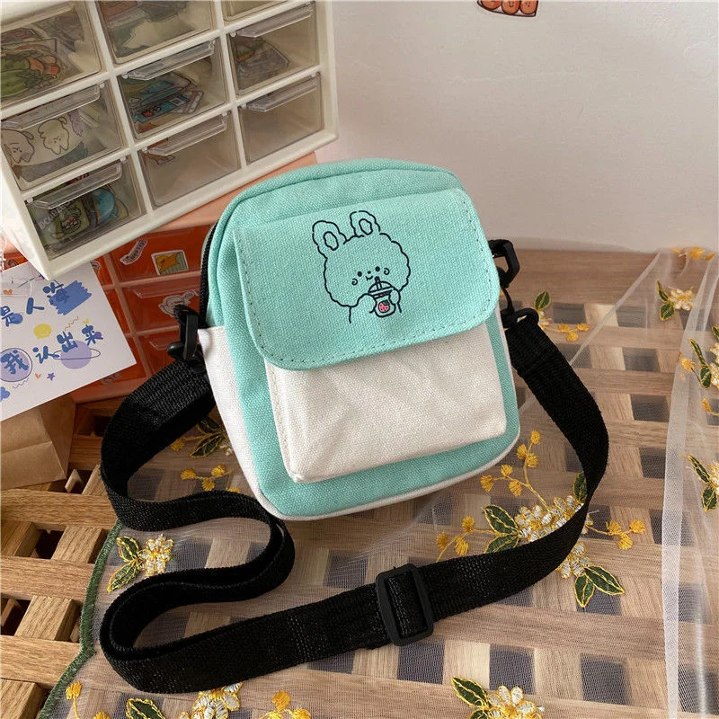 2023 New Canvas Women Phone Bag Cartoon Printed Shoulder Messenger Bag Hit Color Flap Purse Casual Handbag Female Shopping Bag