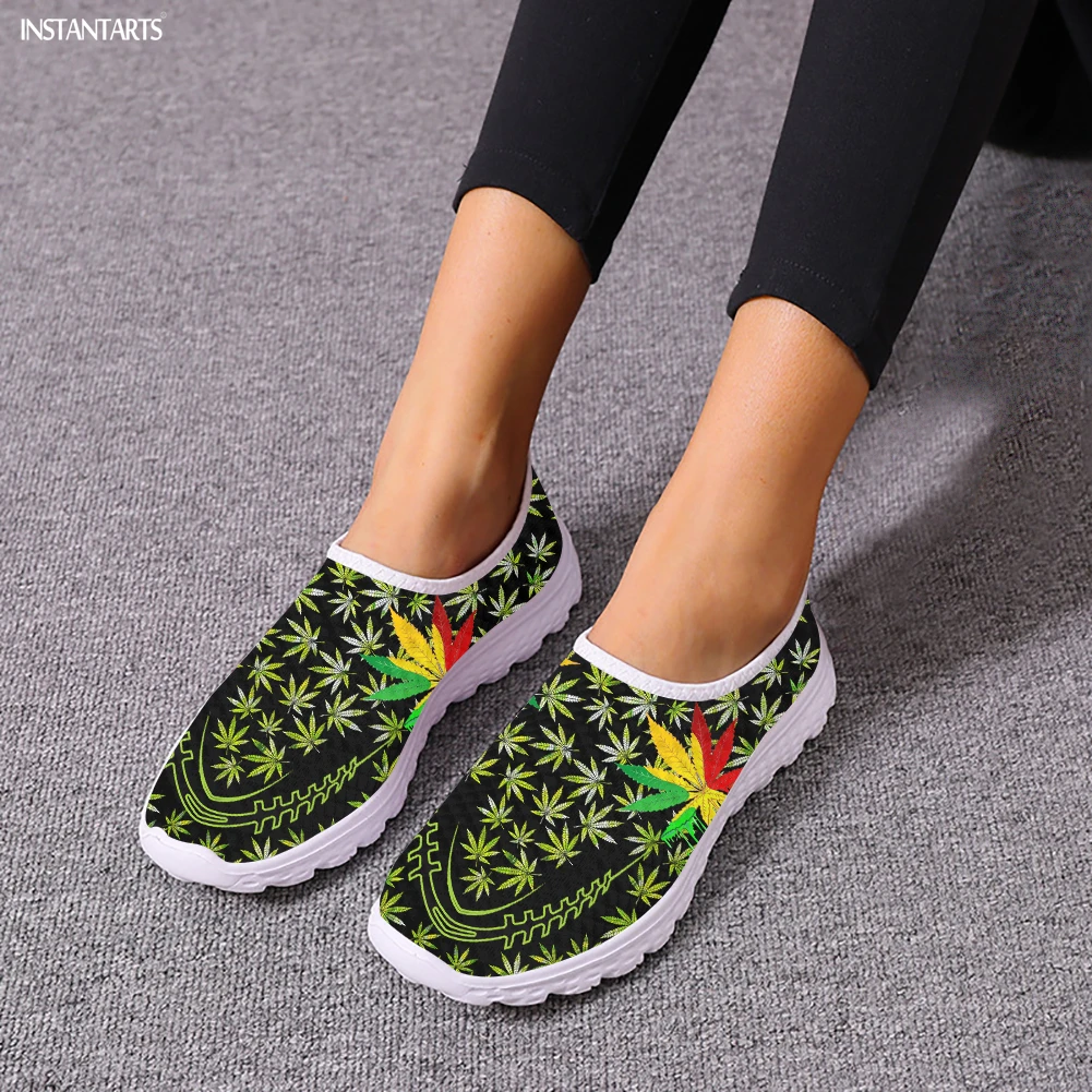 

Женские легкие прогулочные туфли INSTANTARTS, зеленые лоферы с 3D принтом листьев травы, плоская подошва, повседневная сетчатая обувь