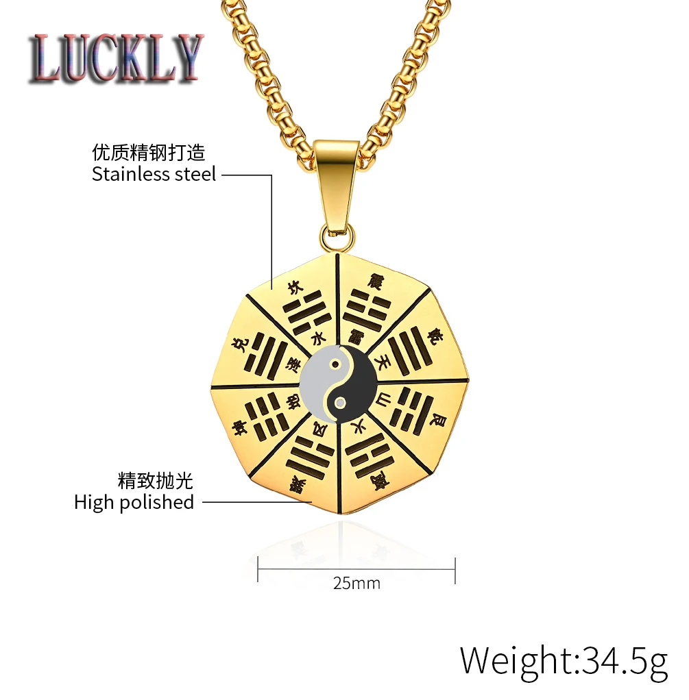 

QF-DZ319 Taoist Eight Trigrams Tai Chi Diagram Yin Yang Fish Titanium Steel Pendant Necklace Men Women Gift Religious Souvenir