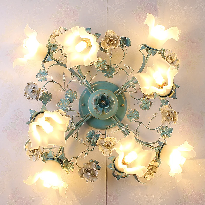 

Led Art Chandelier Pendant Lamp Light Blue Floral Ceiling Living Fixture Metal Rose Girls Bedroom D60cm H25cm Frosted Glass