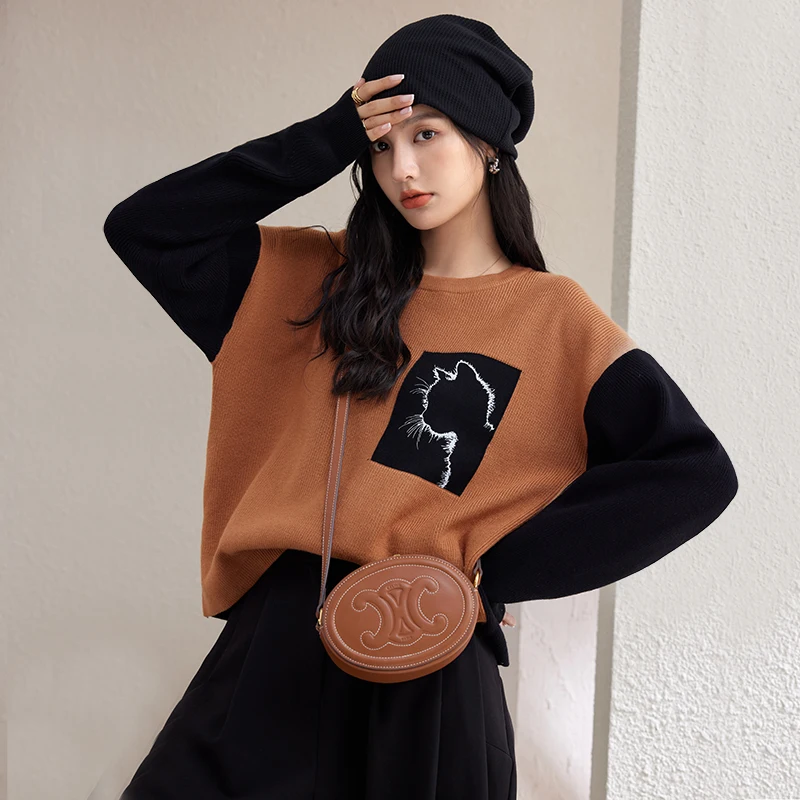 

Korean Fashion Ladies Color Contrast Cat Graphic Sweater Women Sexy Tops Female Girls Casual Vingate Knitted Pullover Sweaters 2