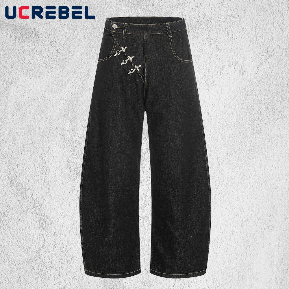 Фото Мужские джинсы Airplane Buckle в стиле High Street, широкие, свободные, из денима №1