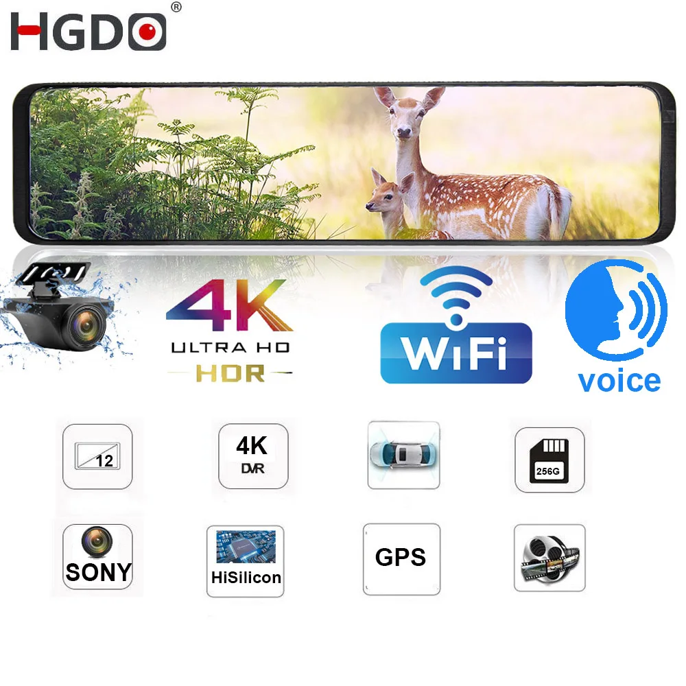 Автомобильный видеорегистратор HGDO D566, 12 дюймов, Wi-Fi, 4K, 3840*2160P, видеорегистратор Sony IMX415, Автомобильная камера заднего вида с GPS, видеорегистратор 1080P