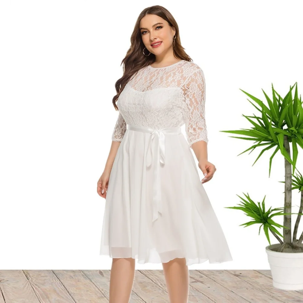 Plus Size Women's Dress 2023 Large Women's Summer New Lace Chiffon Patchwork Dresses Elegant Loose Party Female Clothes