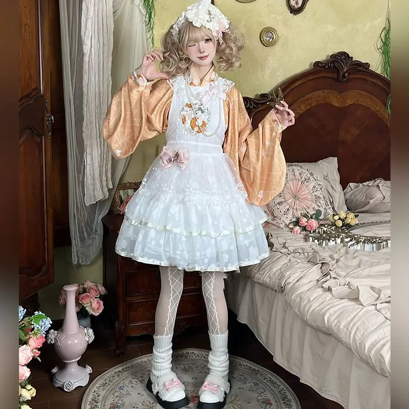 Фото Комплект Coalfell【Bread Rabbit】: Платье в китайском стиле Лолита Ханьфу, осенний милый топ, вышитый фартук, вязаная толстая шаль №2