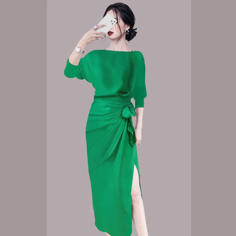 

WTIANYUW Elegant Korean Style 2022 New Summer Women Fashion Chic Temperament Black Green Bodycon Slim Split Long Dress