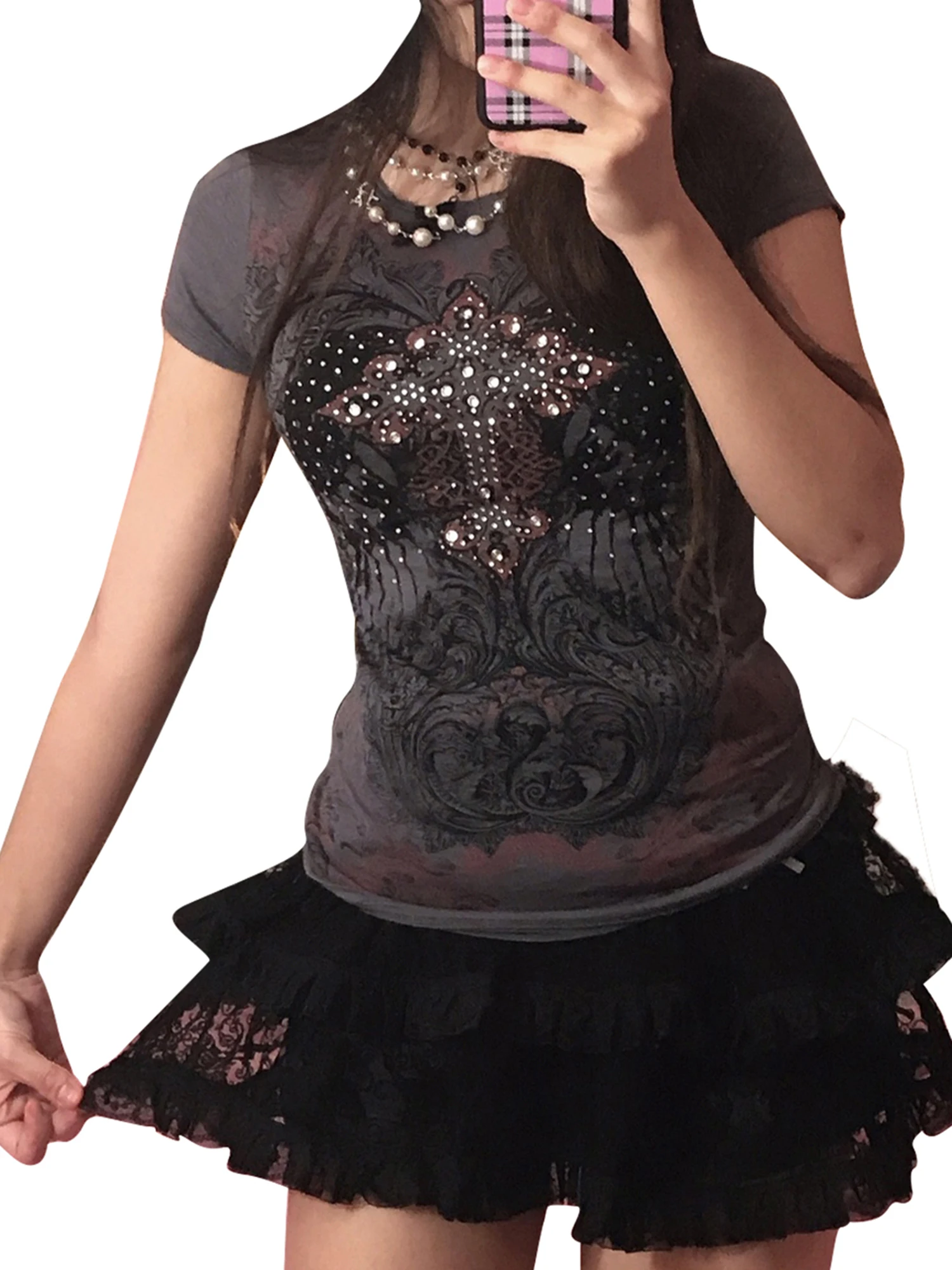 

Women Vintage Graphic Print Lace Crop Top Crew Neck Tshirts Harajuku Fairy Grunge Short Sleeve Blouses