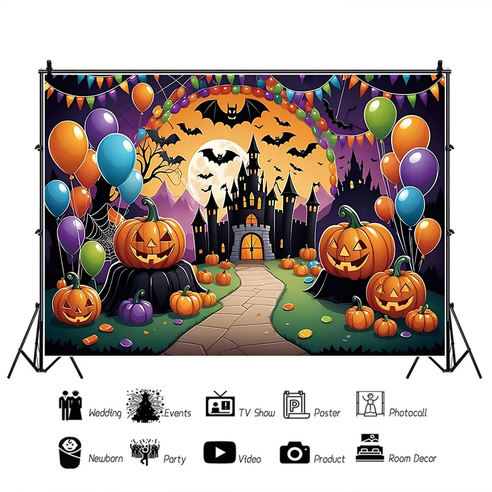 Фон на Хэллоуин воздушный шар Тыква фонарь замок летучая мышь Ночь Луна детский