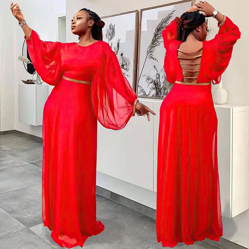 

MD Dresses For Women 2022 Elegant Wedding Party Chiffon Gown African Moroccan Long Sleeve Backless Sexy Robe Femme Africaine