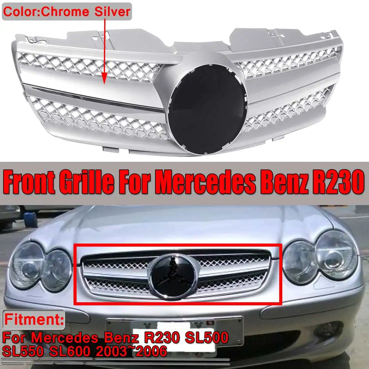 

ABS Car Front Bumper Grill Grille For Mercedes For Benz SL CLASS R230 SL500 SL550 SL600 2003-2006 Front Upper Racing Grills