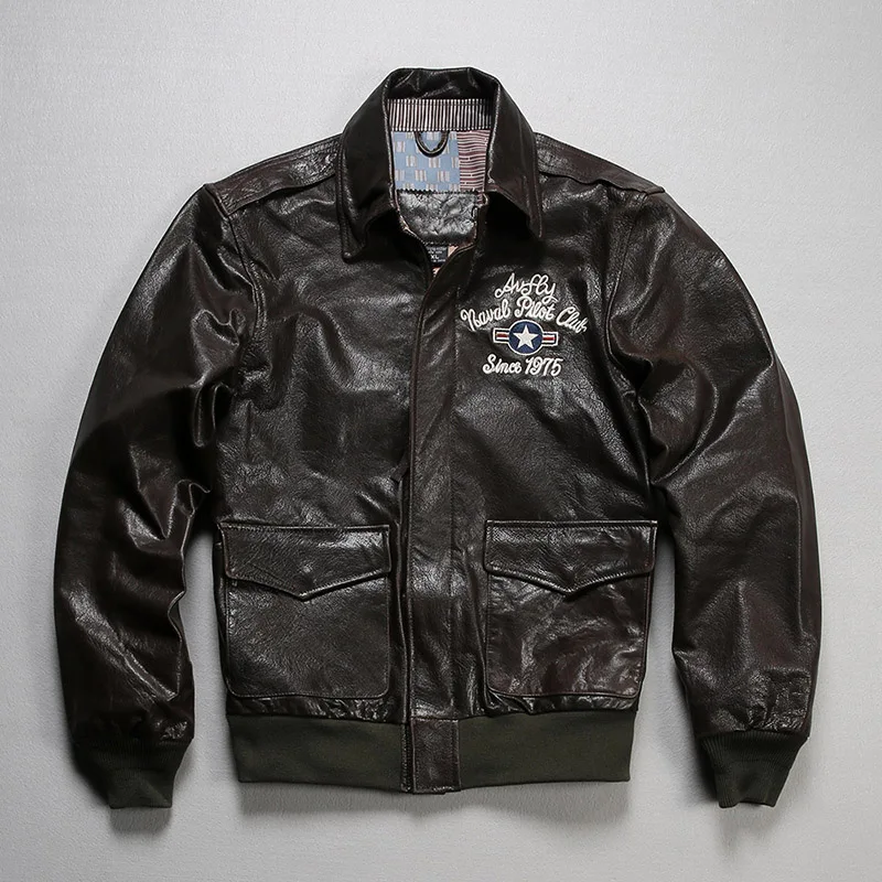 

DHL free shipping,Men's USA embroidered wing A2 jacket top sheep leather air flight lapel warm coat vintage warm large size